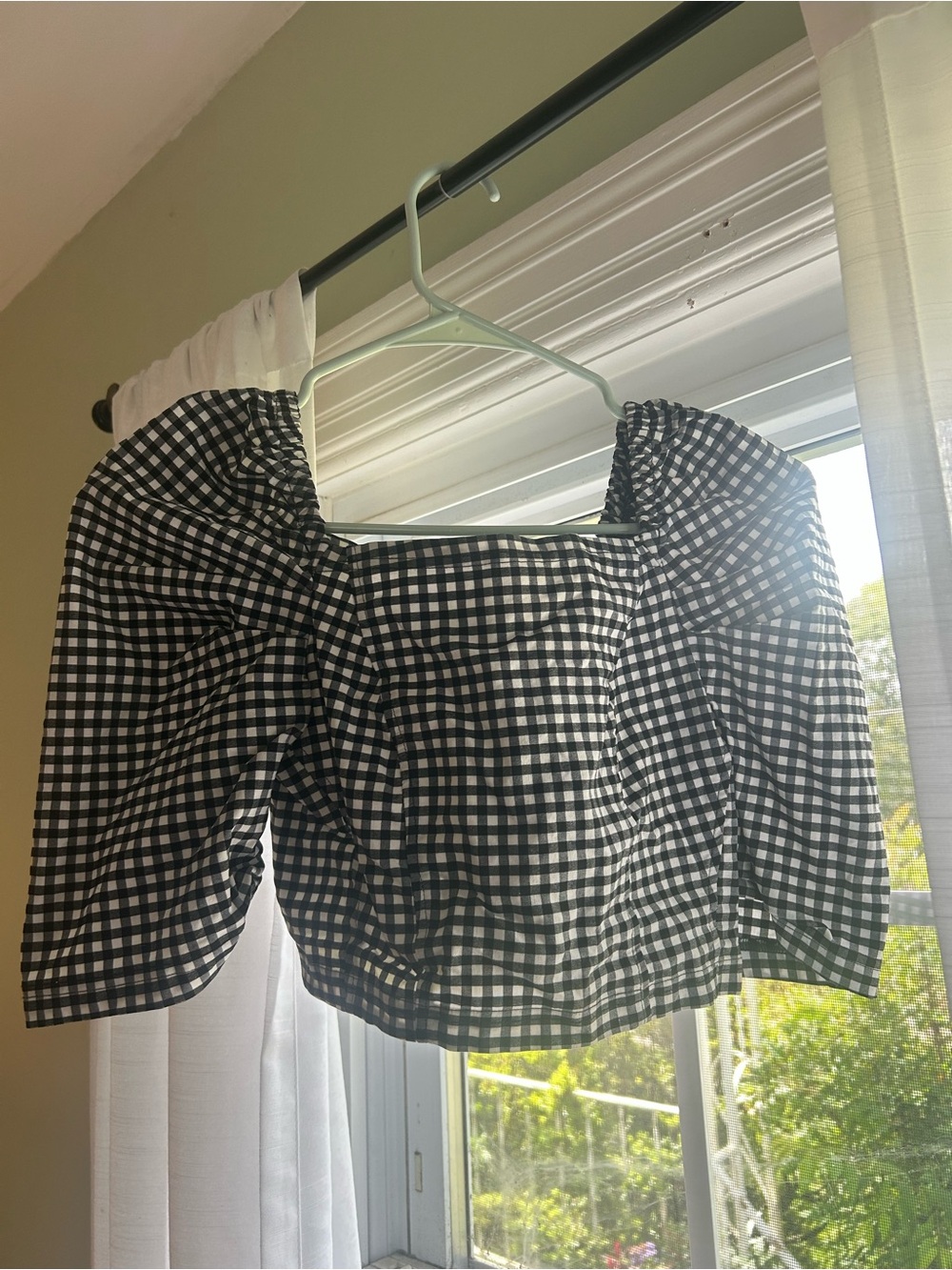 Topshop Black & White Gingham Puff Sleeve Crop Top
